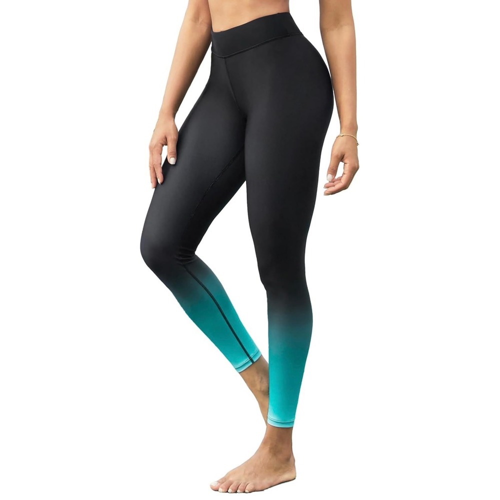 ATTRACO Womens High Waisted Swim Pants Leggings Gradient Green Black Ombre Large